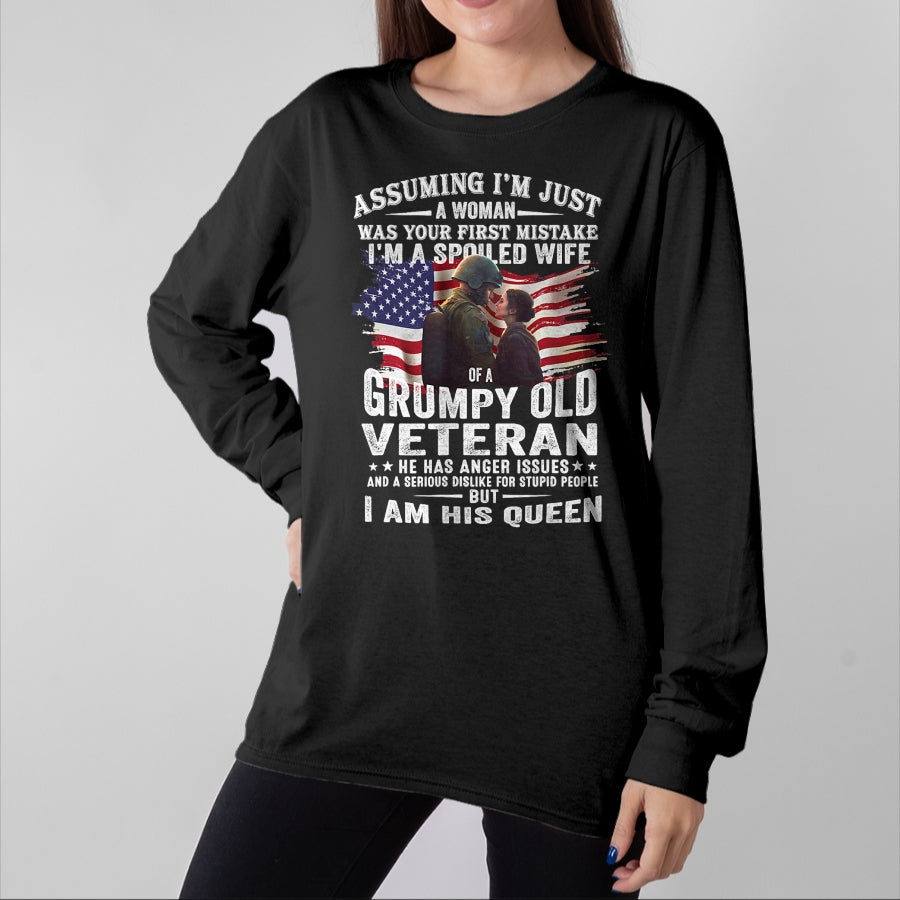 Best Wife Shirt, Wife and Husband Unisex T-Shirt/Hoodie/Sweatshirt HLT00 - Gift for wife T shirt, spoiled wife   Womens I'm A Spoiled Wife Of A Grumpy Old Veteran (On Back) V-