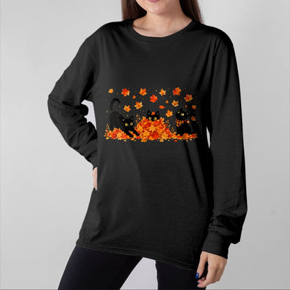 Best Thanksgiving Family Shirt , Funny Thanksgiving UnisexT-Shirt/Hoodie/Sweatshirt HLT00 - Cute Black Cats Playing in Fall Leaves Thanksgiving Autumn T-Shirt