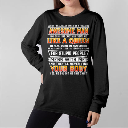 Best Wife Shirt, Wife and Husband Unisex T-Shirt/Hoodie/Sweatshirt HLT00 - Sorry I'm Already Taken By A November Awesome Man T-shirt