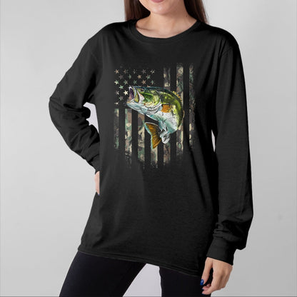 Funny Fishing Shirt, Gift For Fishing Lover Unisex T-Shirt/Hoodie/Sweatshirt HLT00 - (Art on Back) American Flag Camo Bass Fish Fishing T-Shirt