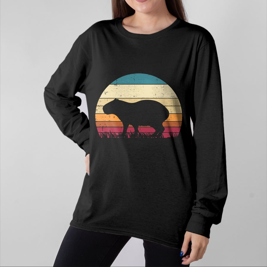 Cute Capybara Shirt, Funny Capybara Unisex T-Shirt/Hoodie/Sweatshirt HLT00 - Capybara Silhouette Sunset Retro Capy Rodent Men Women Kids T-Shirt