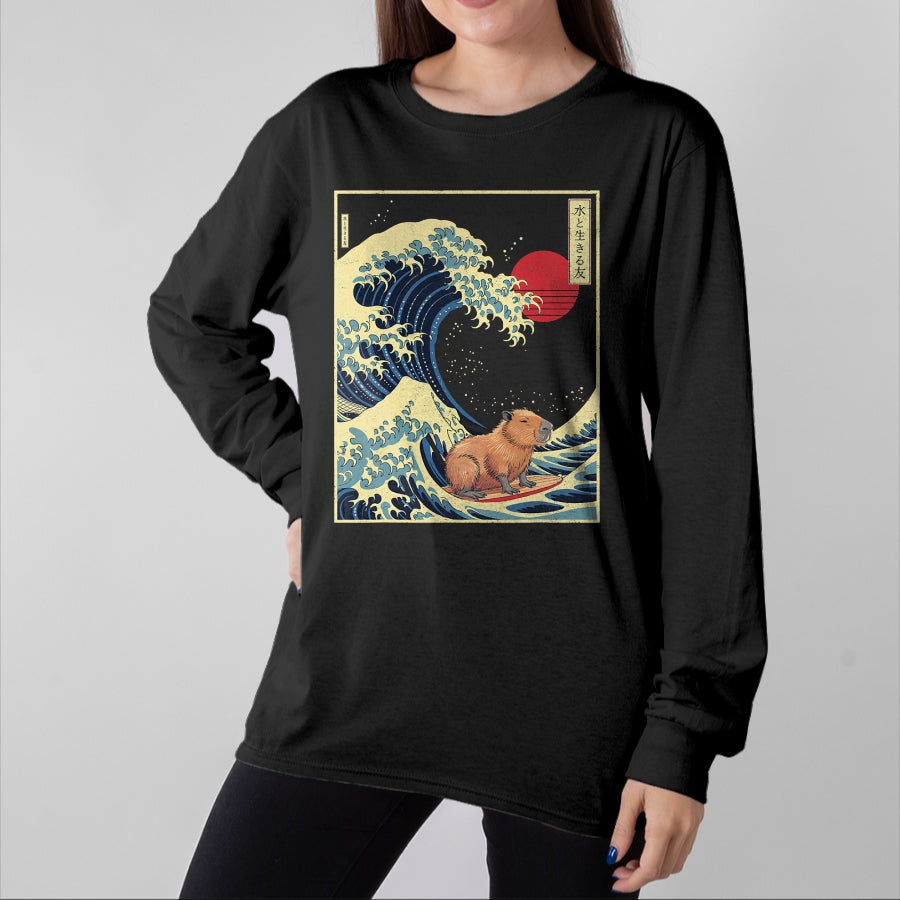Cute Capybara Shirt, Funny Capybara Unisex T-Shirt/Hoodie/Sweatshirt HLT00 - Surfing Capybara Retro Kawaii T-Shirt