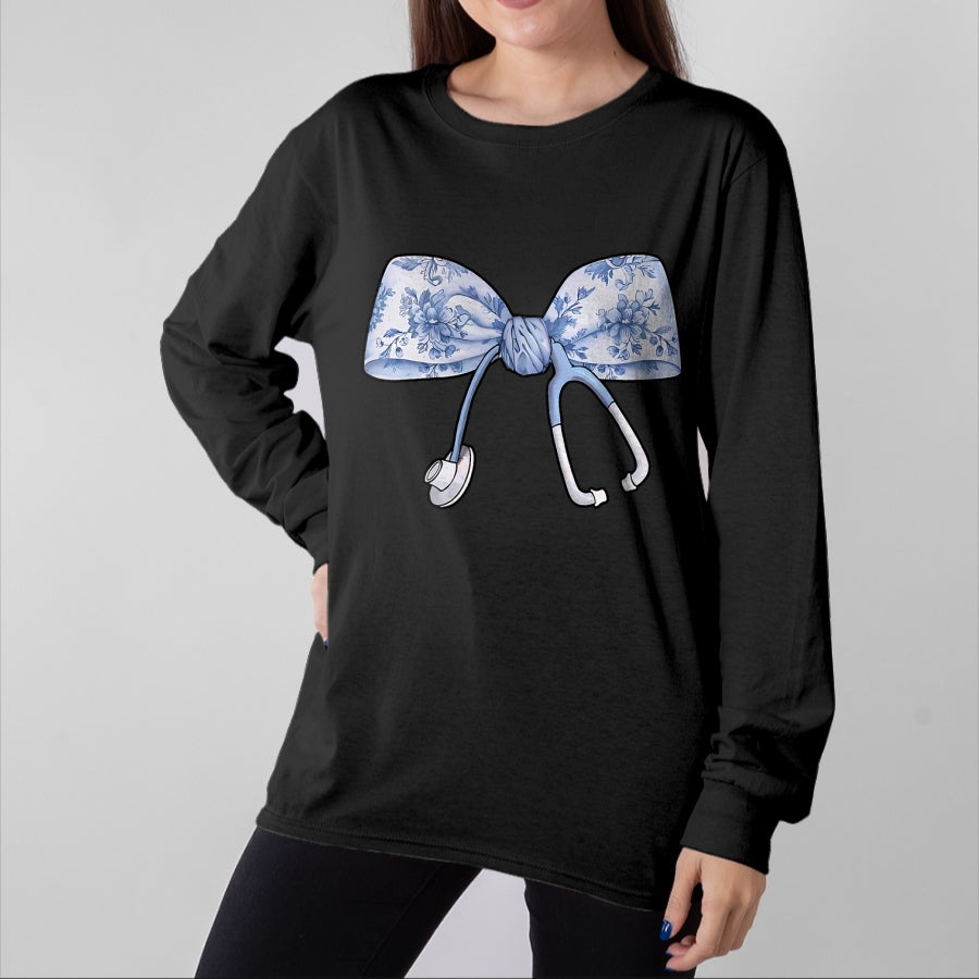 Funny Nurse Shirt, Nurse Unisex T-Shirt/Hoodie/Sweatshirt HLT00 - Floral Cute Blue Coquette Bow Stethoscope Registered Nurse T-Shirt