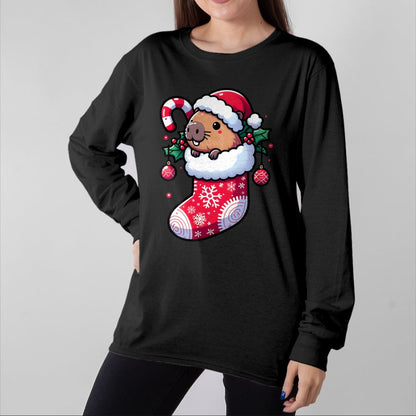 Cute Capybara Shirt, Funny Capybara Unisex T-Shirt/Hoodie/Sweatshirt HLT00 - Cute Capybara Wearing Santa Hat in Christmas Stocking Pajama T-Shirt