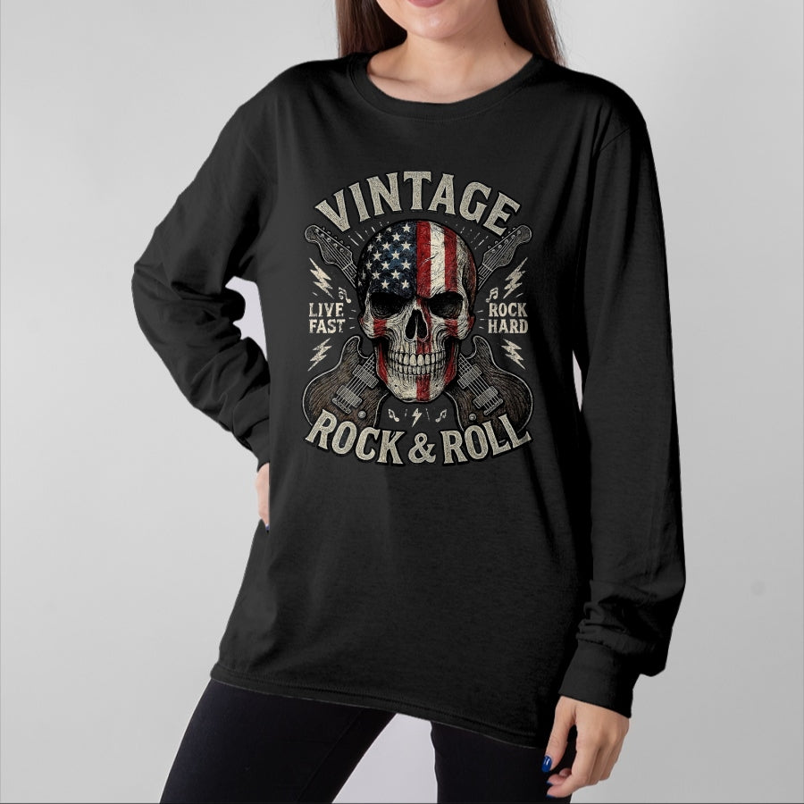 Guitar Lover Shirt, Funny Guitar UnisexT-Shirt/Hoodie/Sweatshirt HLT00 - Vintage Rock Skull American Flag Guitar Retro Rock and Roll T-Shirt, Men, Black, Large