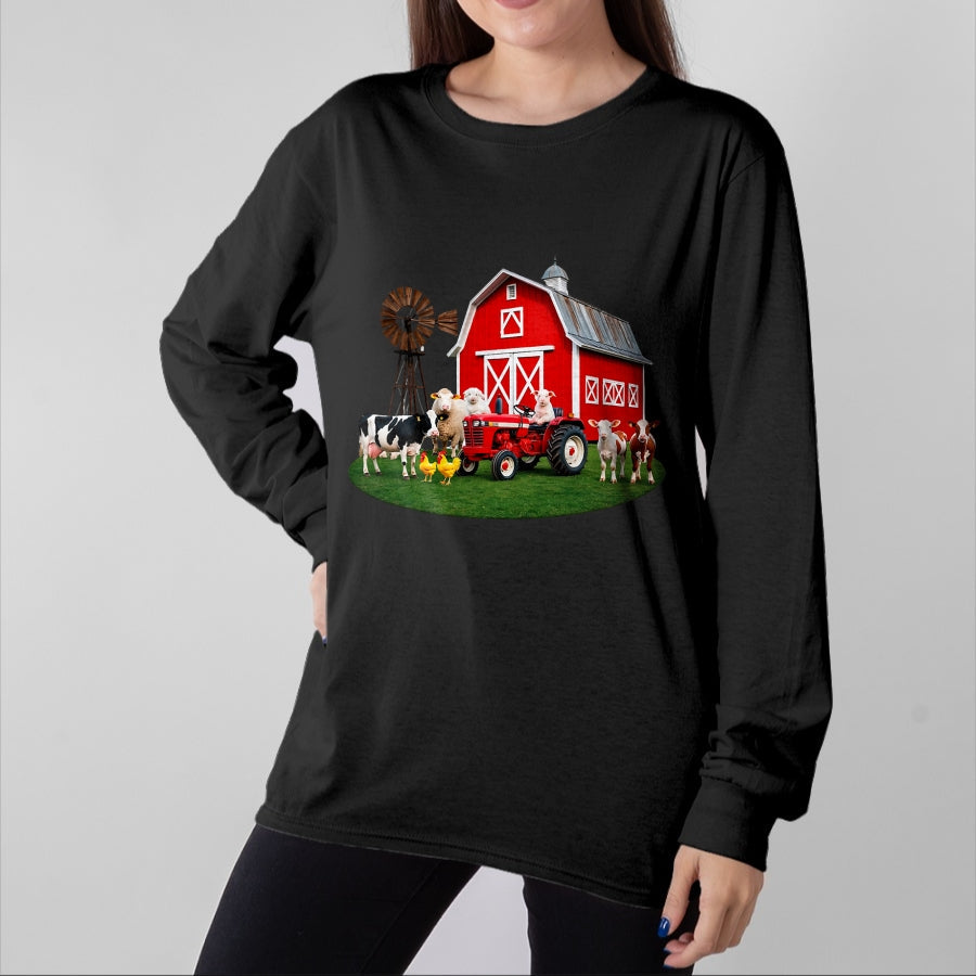Best Farmer Life Shirt, Funny Farmer UnisexT-Shirt/Hoodie/Sweatshirt HLT00 - Red Barn Tractor with Farm Animals Country Living T-Shirt