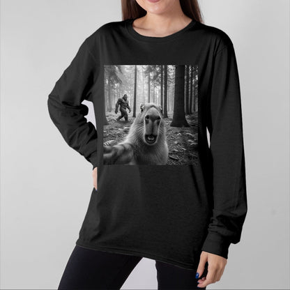 Cute Capybara Shirt, Funny Capybara Unisex T-Shirt/Hoodie/Sweatshirt HLT00 - Funny Capybara Selfie with Sasquatsch Bigfoot for Men Women T-Shirt, Men, Black, 3X-Large