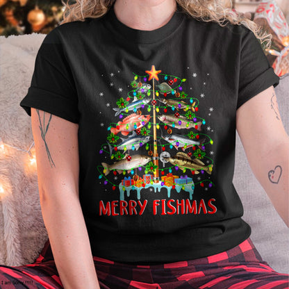 Merry Fishmas Funny Christmas Tree Lights Fish Fishing Rod T-Shirt for men women (SKU-MRCM-2) FMA male