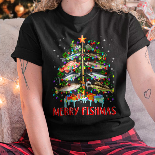 Merry Fishmas Funny Christmas Tree Lights Fish Fishing Rod T-Shirt for men women (SKU-MRCM-2) FMA male