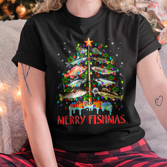 Merry Fishmas Funny Christmas Tree Lights Fish Fishing Rod T-Shirt for men women (SKU-MRCM-2) FMA male
