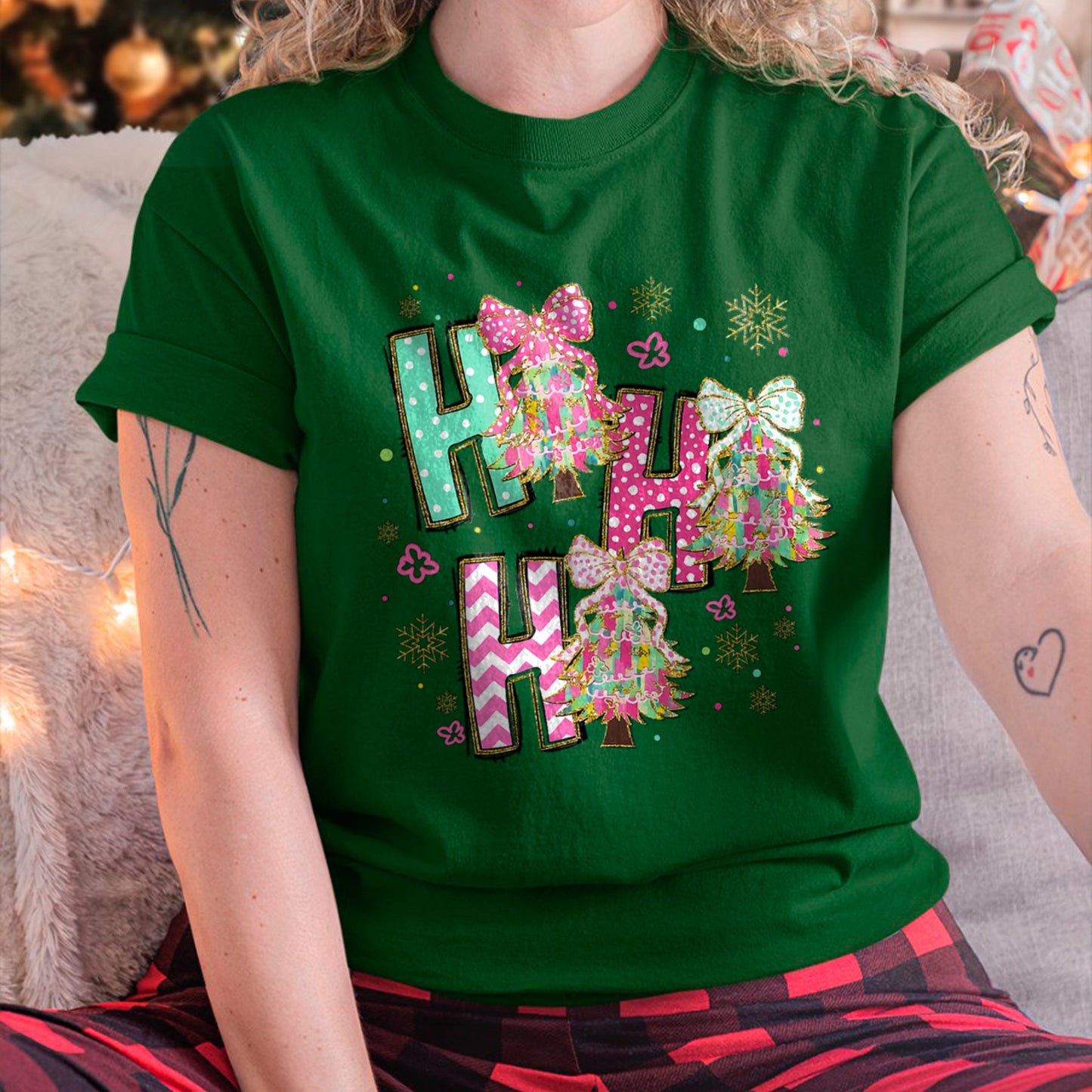 HO HO HO Merry Christmas Coquette Bow Xmas Trees Holiday T-Shirt (SKU-MRCM-11) FMA