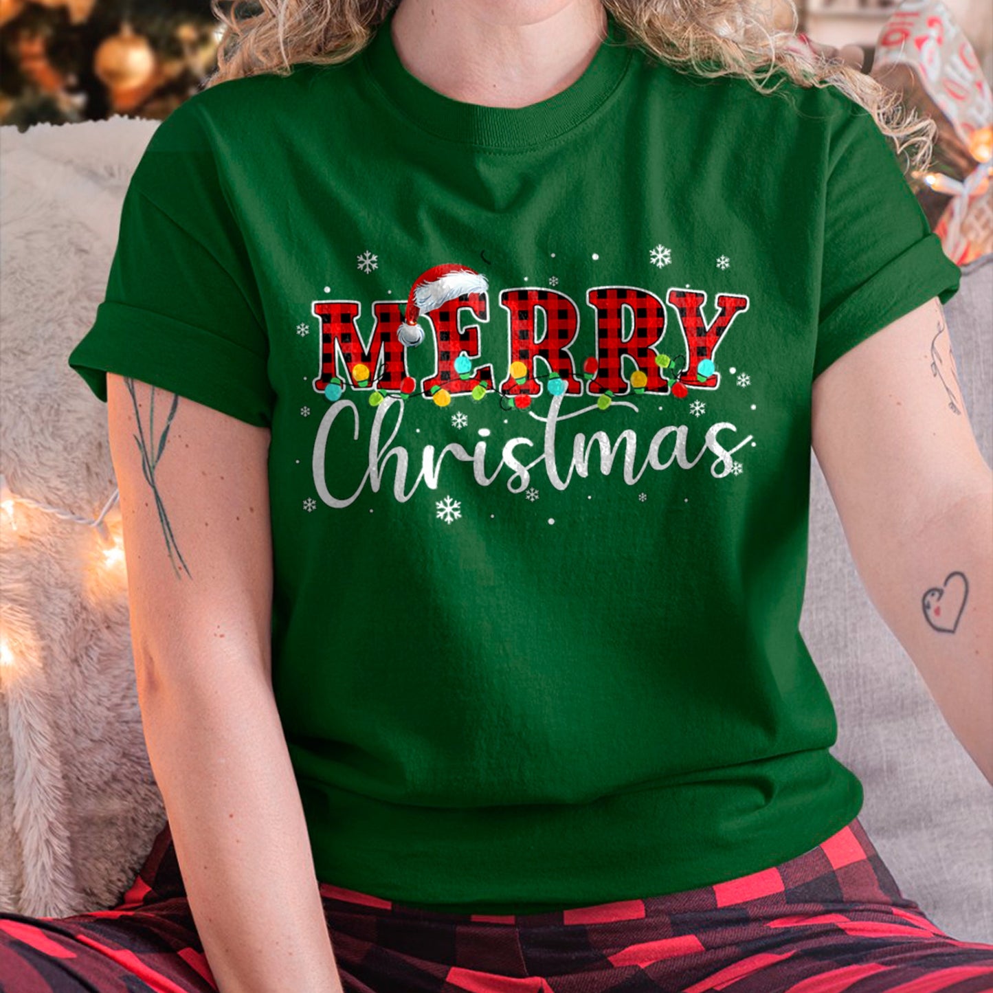 Merry Christmas Buffalo Plaid Red Santa Family Xmas Pajamas T-Shirt (SKU-MRCM-15) FMA