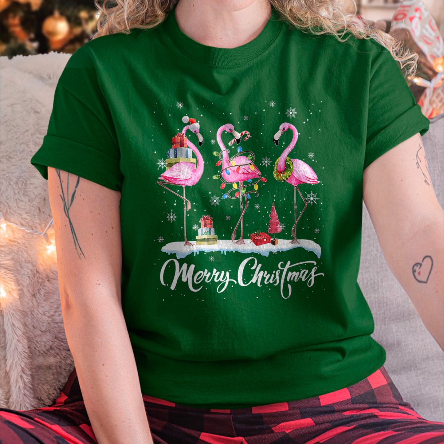 Merry Christmas Hat Santa Flamingo Light Christmas Snow Xmas T-Shirt (SKU-MRCM-19) FMA