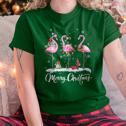 Merry Christmas Hat Santa Flamingo Light Christmas Snow Xmas T-Shirt (SKU-MRCM-19) FMA