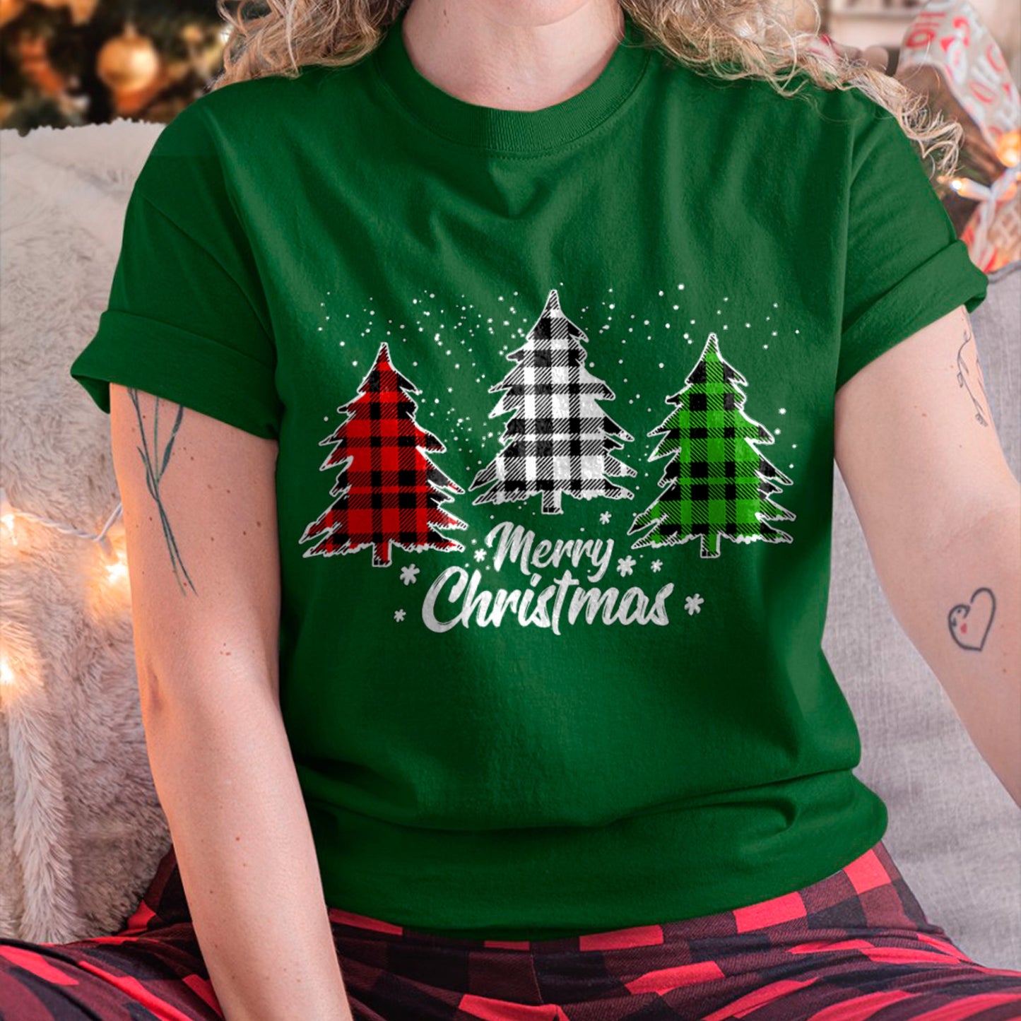 Merry Christmas Tree Xmas Buffalo Plaid Red White Green T-Shirt (SKU-MRCM-22) FMA