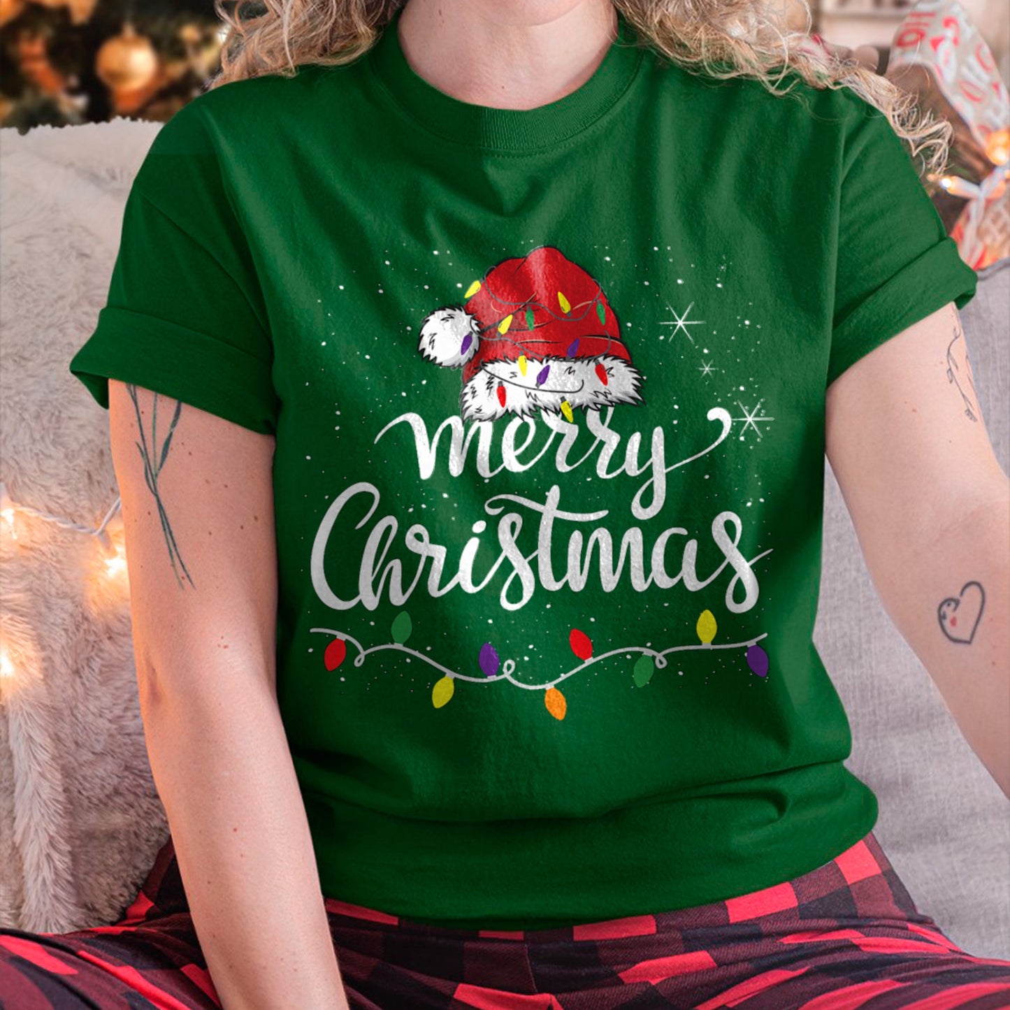 Merry Christmas Lights Red Santa Hat Xmas Family Men Women T-Shirt (SKU-MRCM-3) FMA male