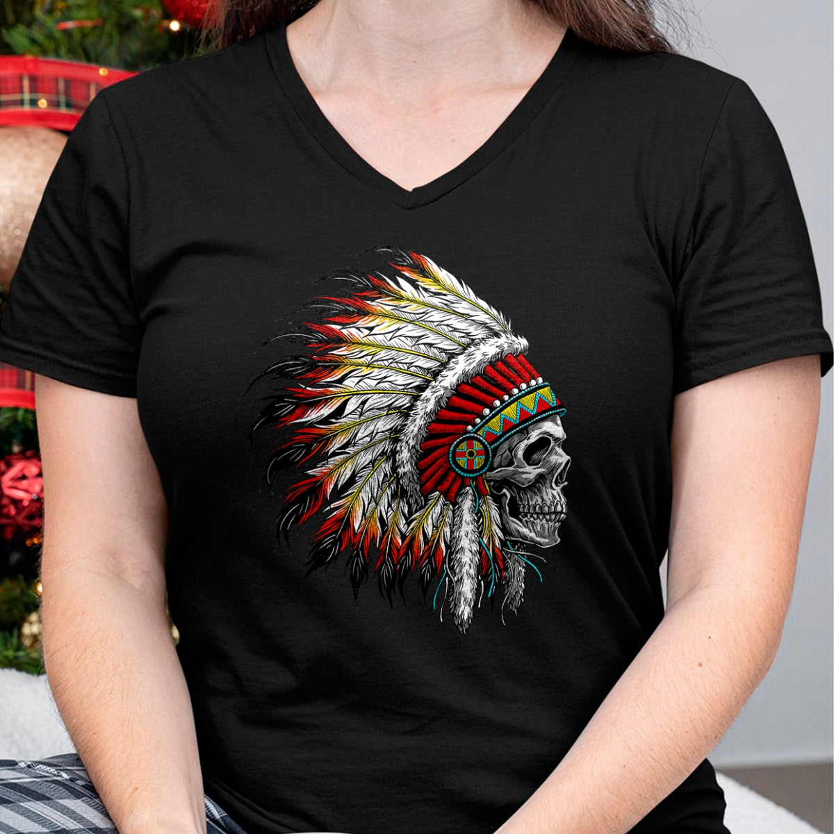 Native American T-Shirts, Vintage Native American Unisex T-Shirt/Hoodie/Sweatshirt HLT00 - Native American Indian Chief Skull Motorcycle Headdress T-Shirt (2)