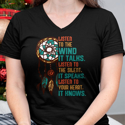 Native American T-Shirts, Vintage Native American Unisex T-Shirt/Hoodie/Sweatshirt HLT00 - Listen To The Wind It Talks Fun Native American Day Graphic Long Sleeve T-Shirt (1)