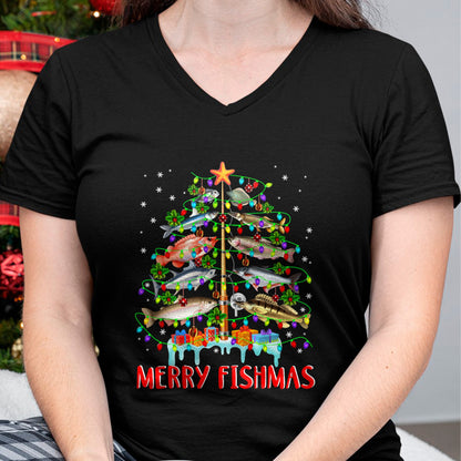 Merry Fishmas Funny Christmas Tree Lights Fish Fishing Rod T-Shirt for men women (SKU-MRCM-2) FMA male