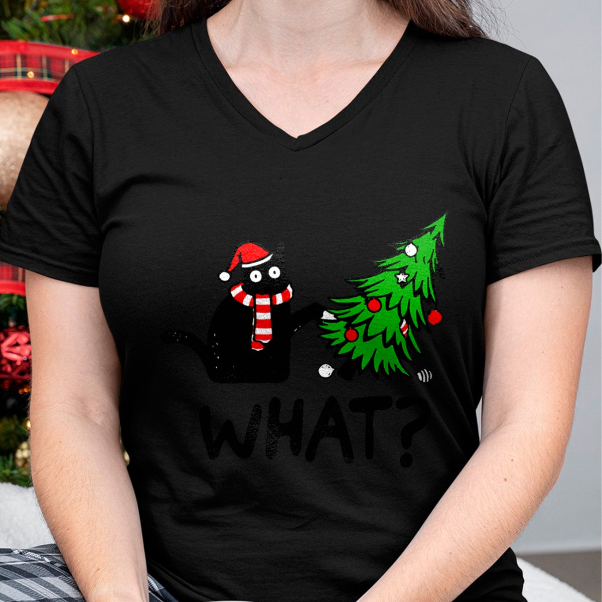 Christmas Shirts for Family, Funny christmas shirts, Christmas Unisex T-Shirt/Hoodie/Sweatshirt HLT00 - Funny Black Cat Gift Pushing Christmas Tree Over Cat What T-Shirt