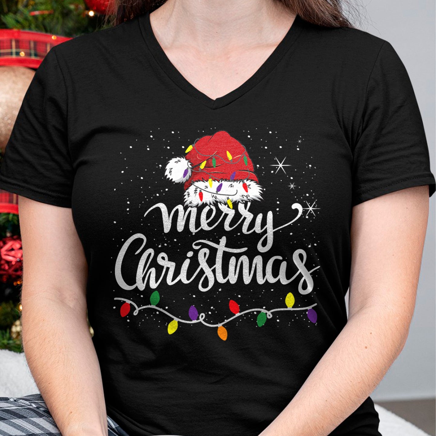 Merry Christmas Lights Red Santa Hat Xmas Family Men Women T-Shirt (SKU-MRCM-3) FMA male