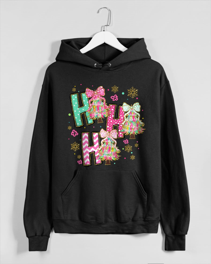 HO HO HO Merry Christmas Coquette Bow Xmas Trees Holiday T-Shirt (SKU-MRCM-11) FMA