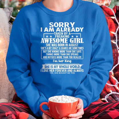 Best Wife Shirt, Wife and Husband Unisex T-Shirt/Hoodie/Sweatshirt HLT00 - Sorry I Am Already Taken By A Freaking Awesome Girl AUGUST T-Shirt
