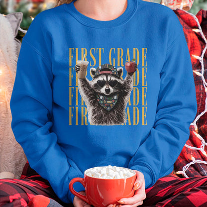 Best Teacher Shirt, Funny Teacher UnisexT-Shirt/Hoodie/Sweatshirt HLT00 - First Grade Funny Feral Raccoon Teacher Back to School T-Shirt