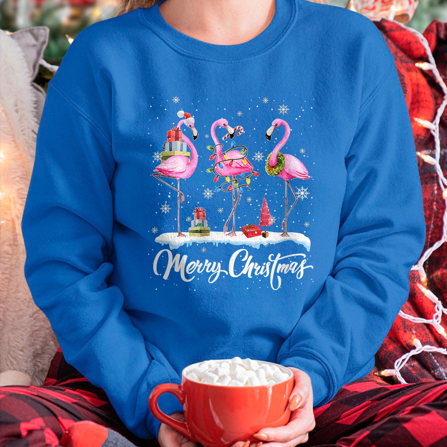 Merry Christmas Hat Santa Flamingo Light Christmas Snow Xmas T-Shirt (SKU-MRCM-19) FMA