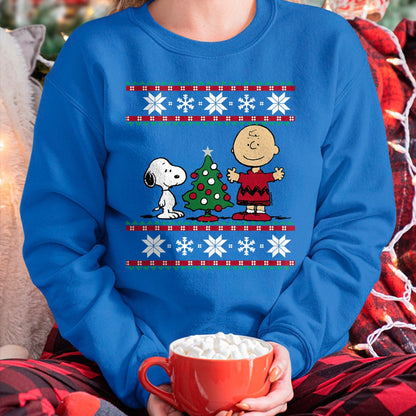 Christmas Shirts for Family, Funny christmas shirts, Christmas Unisex T-Shirt/Hoodie/Sweatshirt HLT00 - Peanuts Snoopy and Charlie Christmas tree Short Sleeve T-Shirt Blue