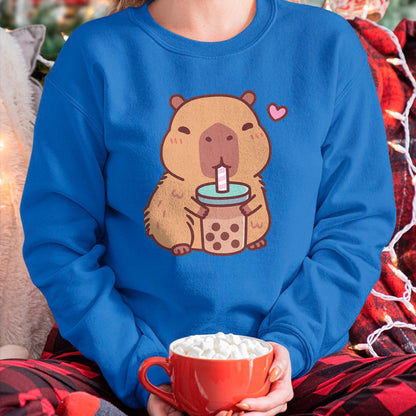 Cute Capybara Shirt, Funny Capybara Unisex T-Shirt/Hoodie/Sweatshirt HLT00 - Cute Capybara Kawaii Anime Drinking Bubble Tea Lover Girls T-Shirt
