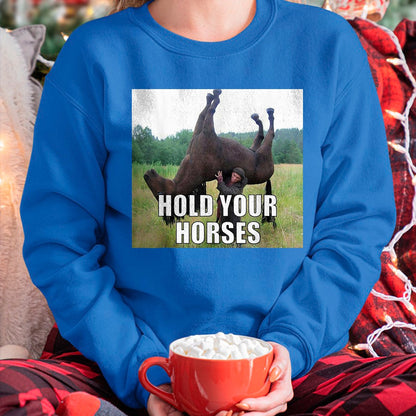 Best Horse Lover Shirt , Funny Horse UnisexT-Shirt/Hoodie/Sweatshirt HLT00 - Hold Your Horses Funny Meme T-Shirt, Youth, Black, Large