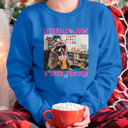 Best Teacher Shirt, Funny Teacher UnisexT-Shirt/Hoodie/Sweatshirt HLT00 - Literally Just A Sped Teacher Raccoon T-Shirt (1)
