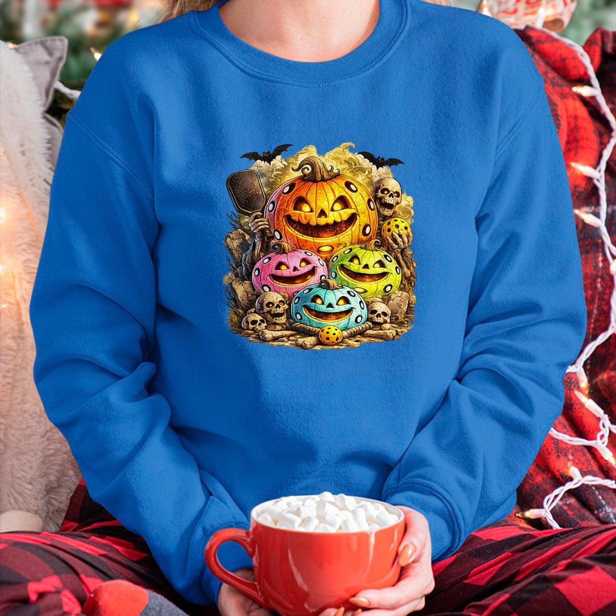 Funny Pickleball Shirt, Pickleball Lover Unisex T-Shirt/Hoodie/Sweatshirt HLT00 - Halloween Pickleball Pumpkins and Skeletons T-Shirt