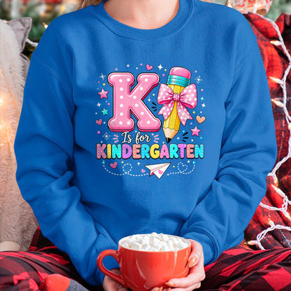 Best Teacher Shirt, Funny Teacher UnisexT-Shirt/Hoodie/Sweatshirt HLT00 - K is for Kindergarten Teacher Coquette Bow Back to School T-Shirt