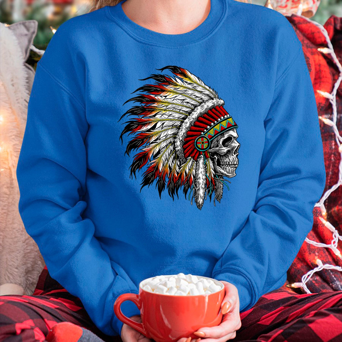 Native American T-Shirts, Vintage Native American Unisex T-Shirt/Hoodie/Sweatshirt HLT00 - Native American Indian Chief Skull Motorcycle Headdress