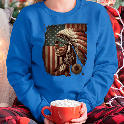 Native American T-Shirts, Vintage Native American Unisex T-Shirt/Hoodie/Sweatshirt HLT00 - Native American Indian Chief American USA Flag (1)