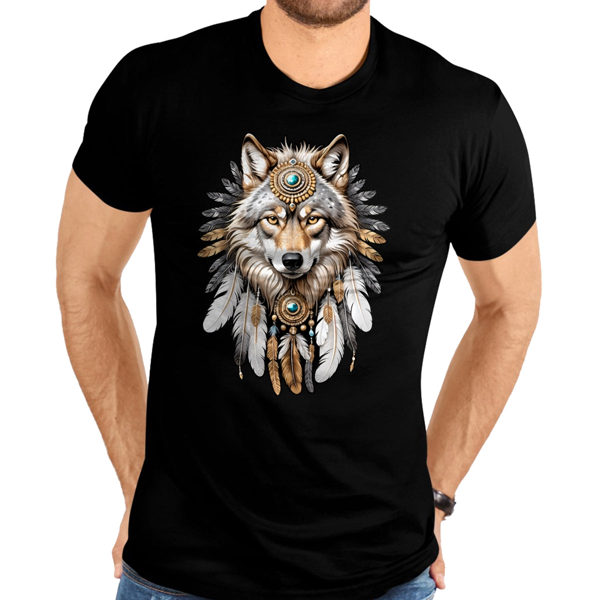 Native American T-Shirts, Vintage Native American Unisex T-Shirt/Hoodie/Sweatshirt HLT00 - Native American Wolf Feather Headdress Hunter Men Women T-Shirt (1)
