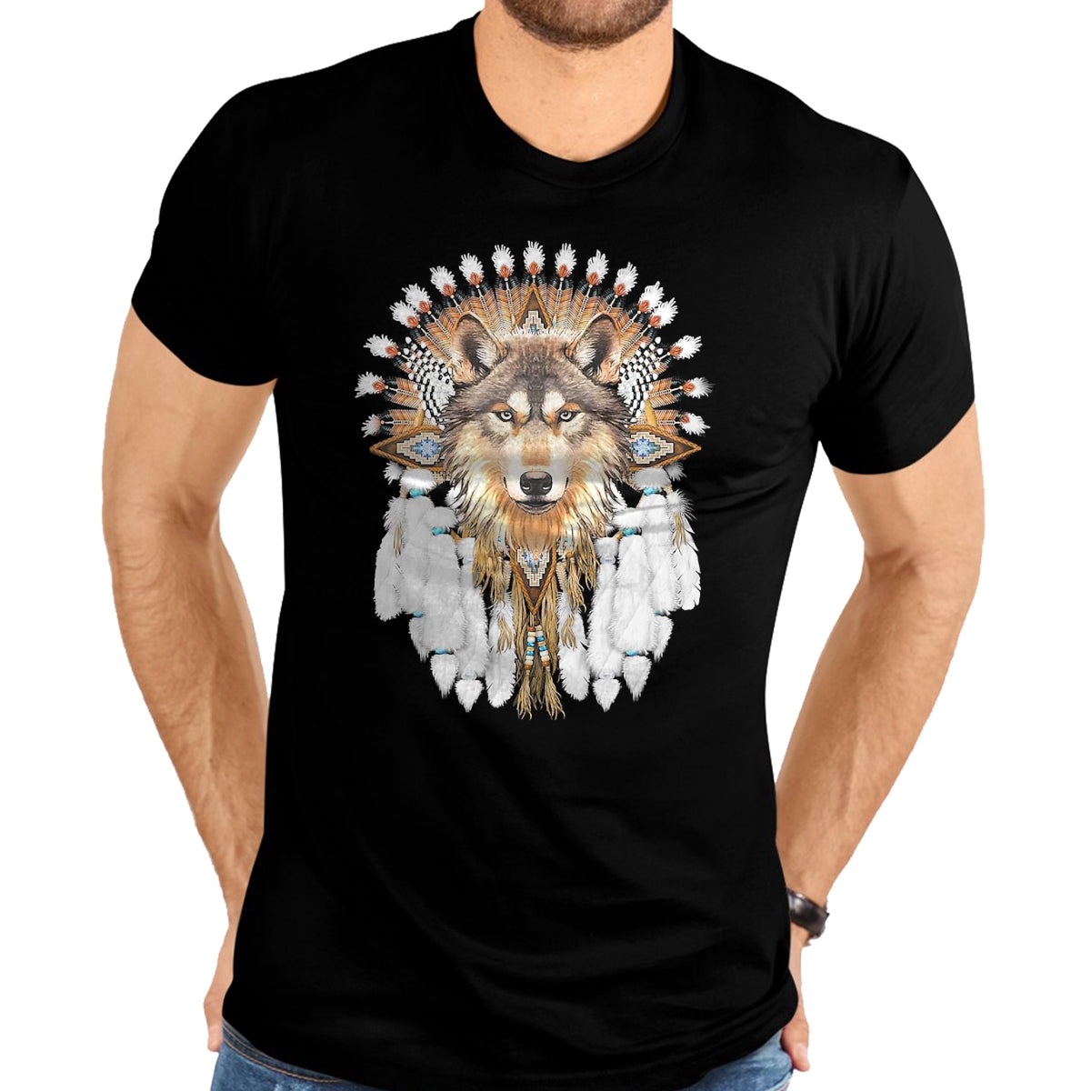 Native American T-Shirts, Vintage Native American Unisex T-Shirt/Hoodie/Sweatshirt HLT00 - Native American Wolf Feather T-Shirt (1)