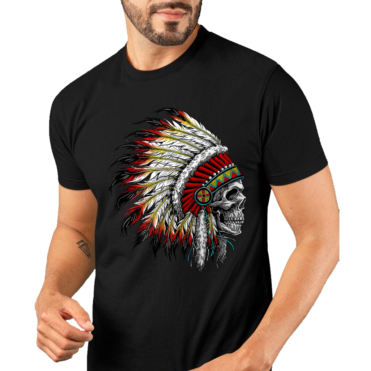 Native American T-Shirts, Vintage Native American Unisex T-Shirt/Hoodie/Sweatshirt HLT00 - Native American Indian Chief Skull Motorcycle Headdress T-Shirt (2)