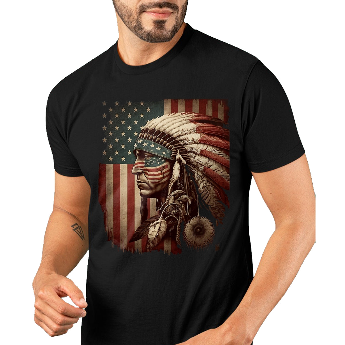 Native American T-Shirts, Vintage Native American Unisex T-Shirt/Hoodie/Sweatshirt HLT00 - Native American Indian Chief American USA Flag T-Shirt (1)