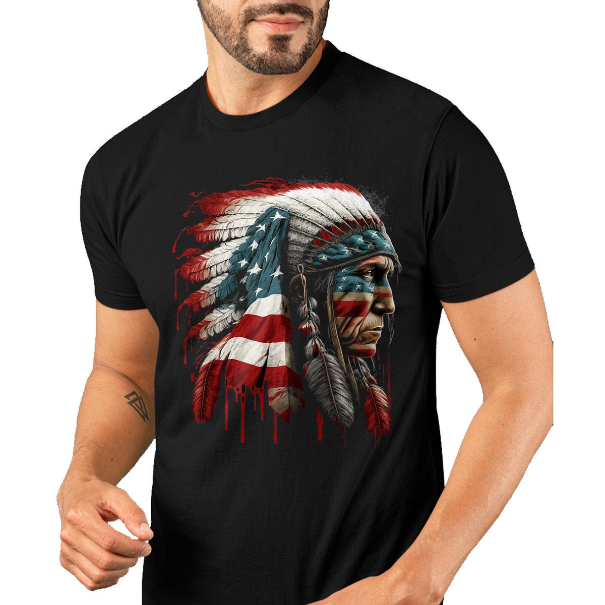 Native American T-Shirts, Vintage Native American Unisex T-Shirt/Hoodie/Sweatshirt HLT00 - Native American Indian Chief American USA Flag T-Shirt (2)