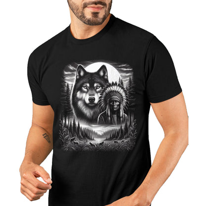 Native American T-Shirts, Vintage Native American Unisex T-Shirt/Hoodie/Sweatshirt HLT00 - Native American Indian and Wolf Feathers Chief Art T-Shirt (1)