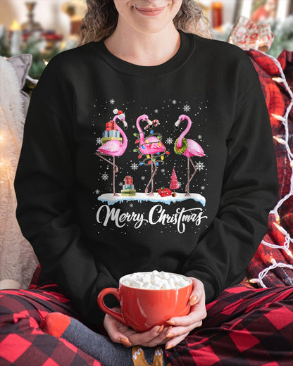 Merry Christmas Hat Santa Flamingo Light Christmas Snow Xmas T-Shirt (SKU-MRCM-19) FMA
