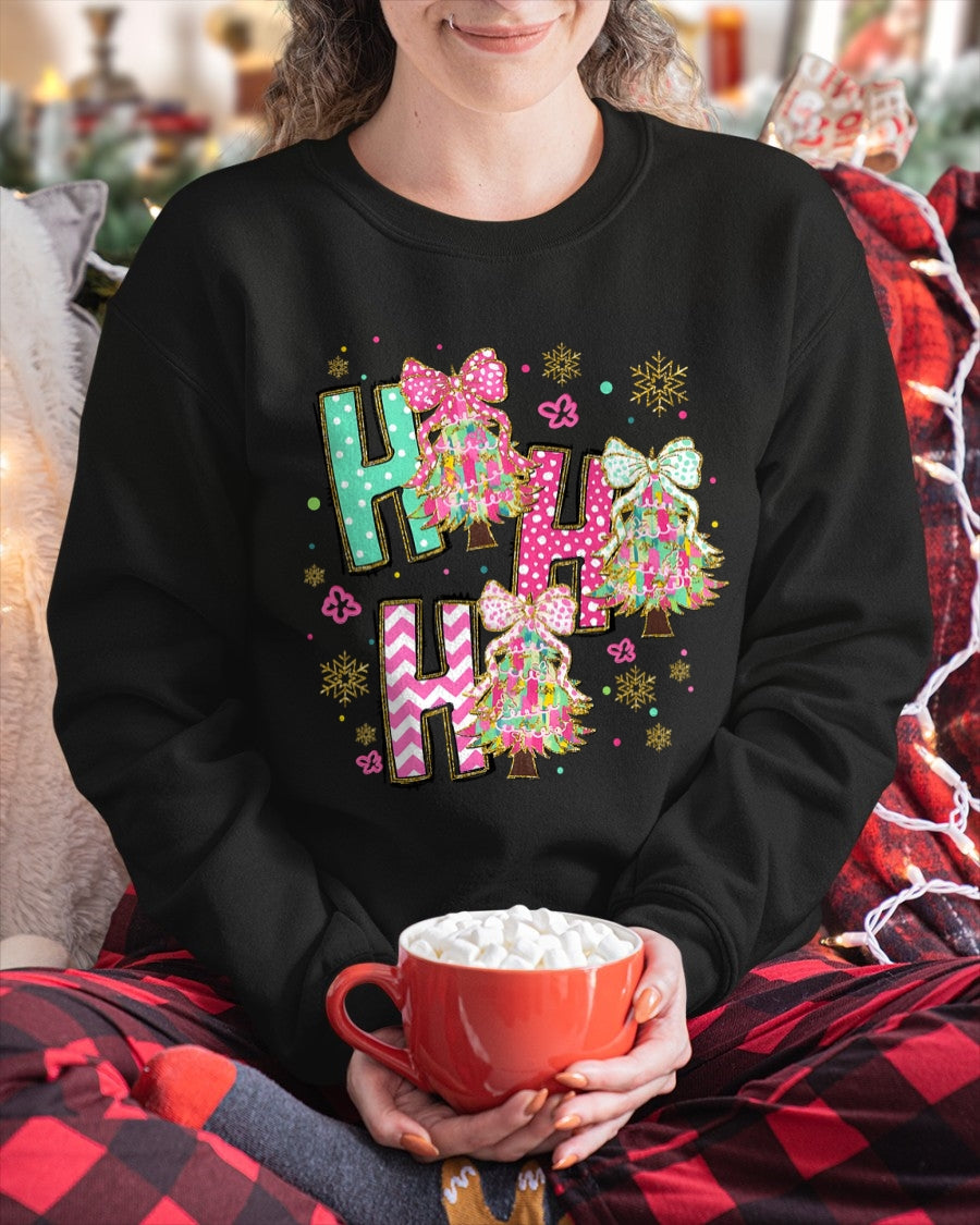 HO HO HO Merry Christmas Coquette Bow Xmas Trees Holiday T-Shirt (SKU-MRCM-11) FMA