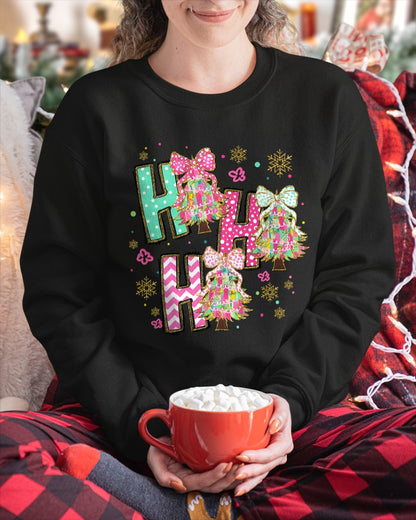 HO HO HO Merry Christmas Coquette Bow Xmas Trees Holiday T-Shirt (SKU-MRCM-11) FMA