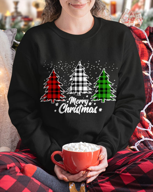 Merry Christmas Tree Xmas Buffalo Plaid Red White Green T-Shirt (SKU-MRCM-22) FMA
