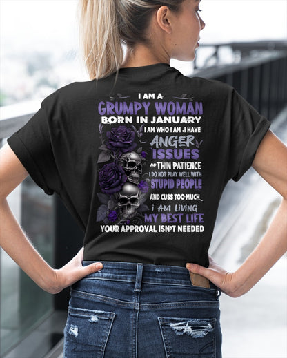 Grumpy Woman Born in January T-Shirt – Funny Skull & Rose Graphic Tee with Quotes - ccdi01 FMA (SKU10-08-01)