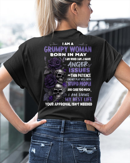 Grumpy Woman Born in May T-Shirt – Funny Skull & Rose Graphic Tee with Quotes - ccdi05 FMA (SKU10-08-05)