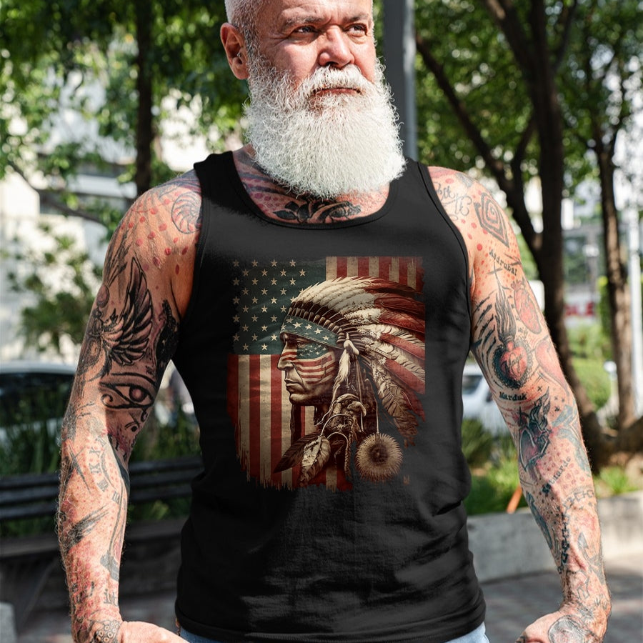 Native American T-Shirts, Vintage Native American Unisex T-Shirt/Hoodie/Sweatshirt HLT00 - Native American Indian Chief American USA Flag T-Shirt (1)